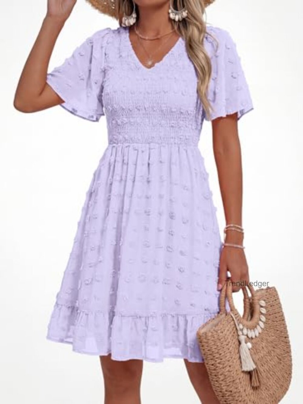 V Neck Short Sleeve Smocked Swiss Dot Ruffle Casual Mini Dress - Picture 6 of 7